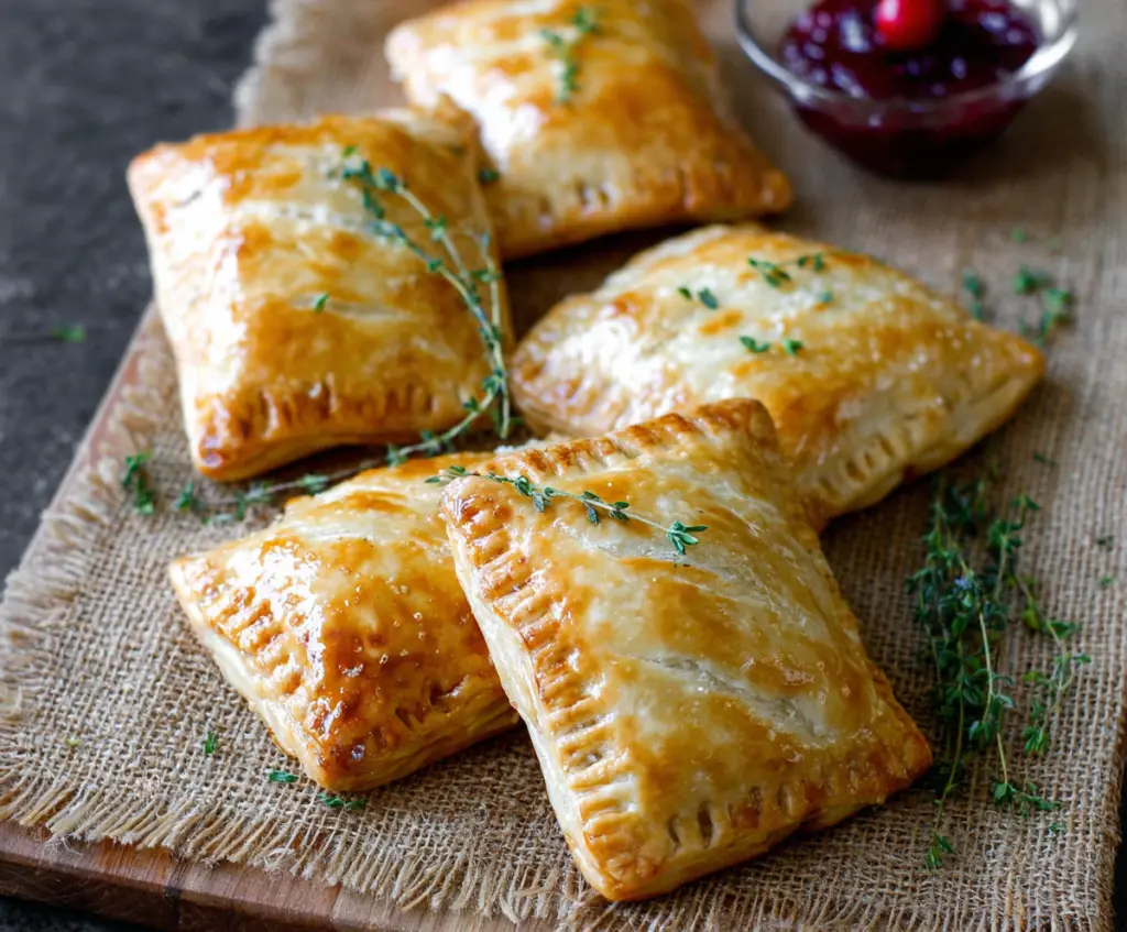 Delicious Cranberry Brie Mini Hand Pies on a rustic serving platter, showcasing flaky crust and festive filling.