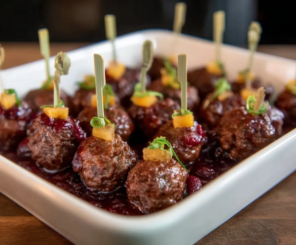 Cranberry Chipotle Cocktail Meatballs served as an appetizer for parties.