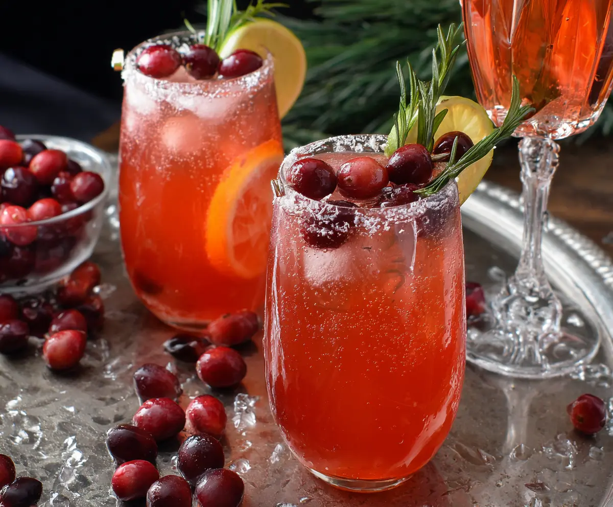 Refreshing cranberry prosecco cocktail in a elegant glass garnished with fresh cranberries and mint.