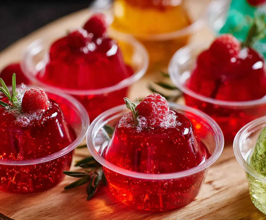 Cheerful Crantini Jello Shots served in small glasses with garnishes on a festive table.