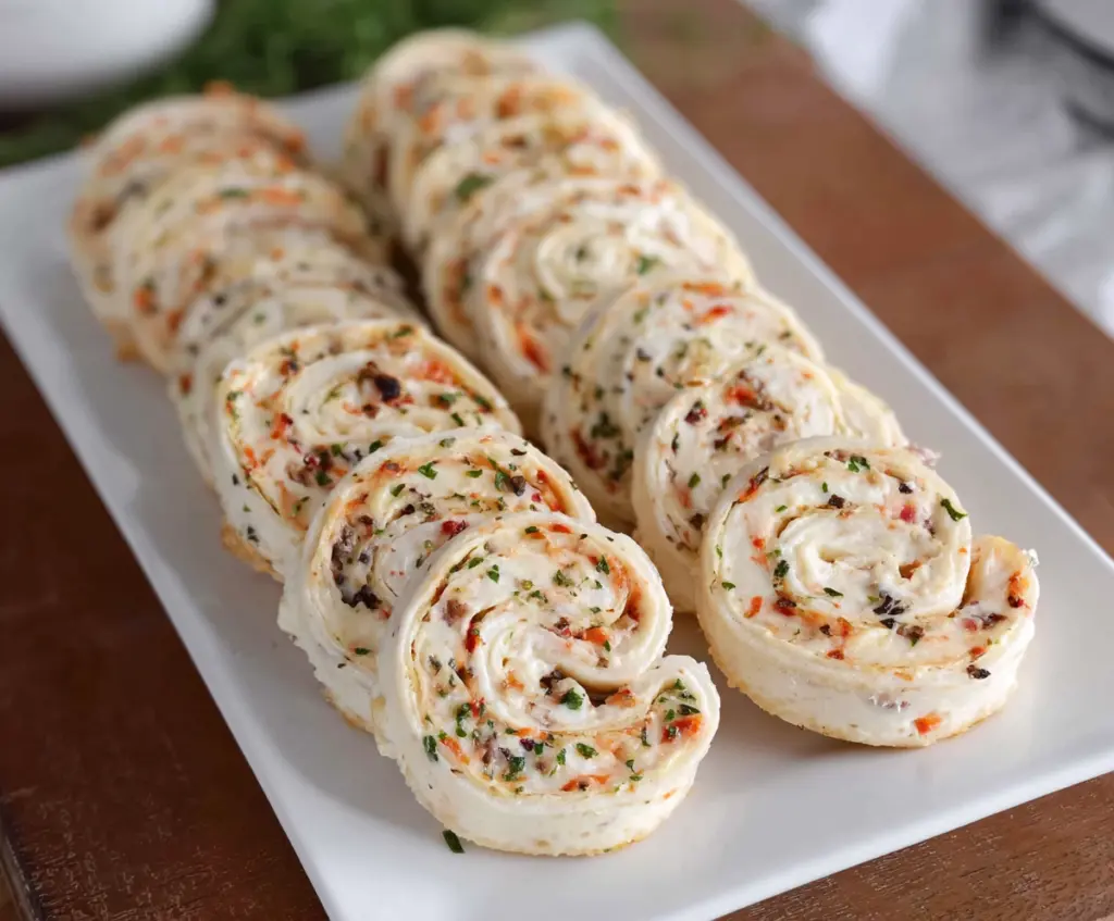Delicious cream cheese pinwheels with flaky pastry and savory filling on a serving platter