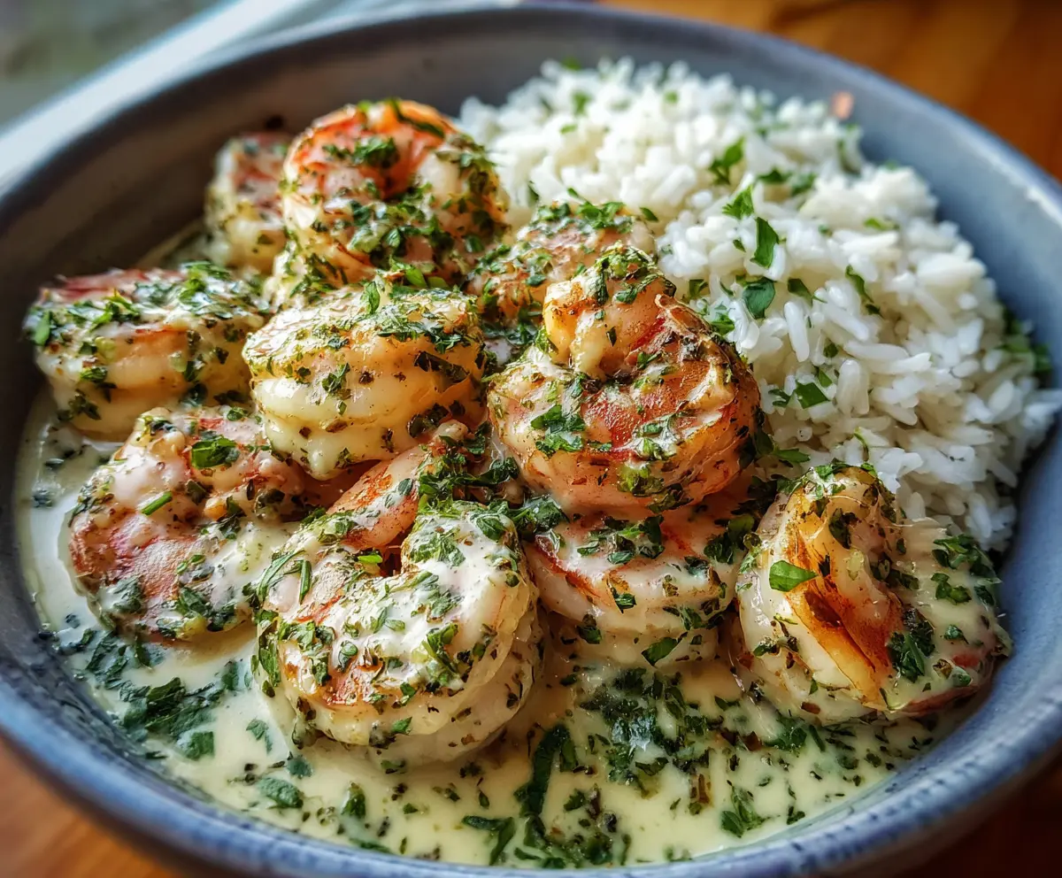Delicious Creamy Garlic Butter Shrimp Bowl served with fresh herb rice, perfect for a flavorful seafood meal.