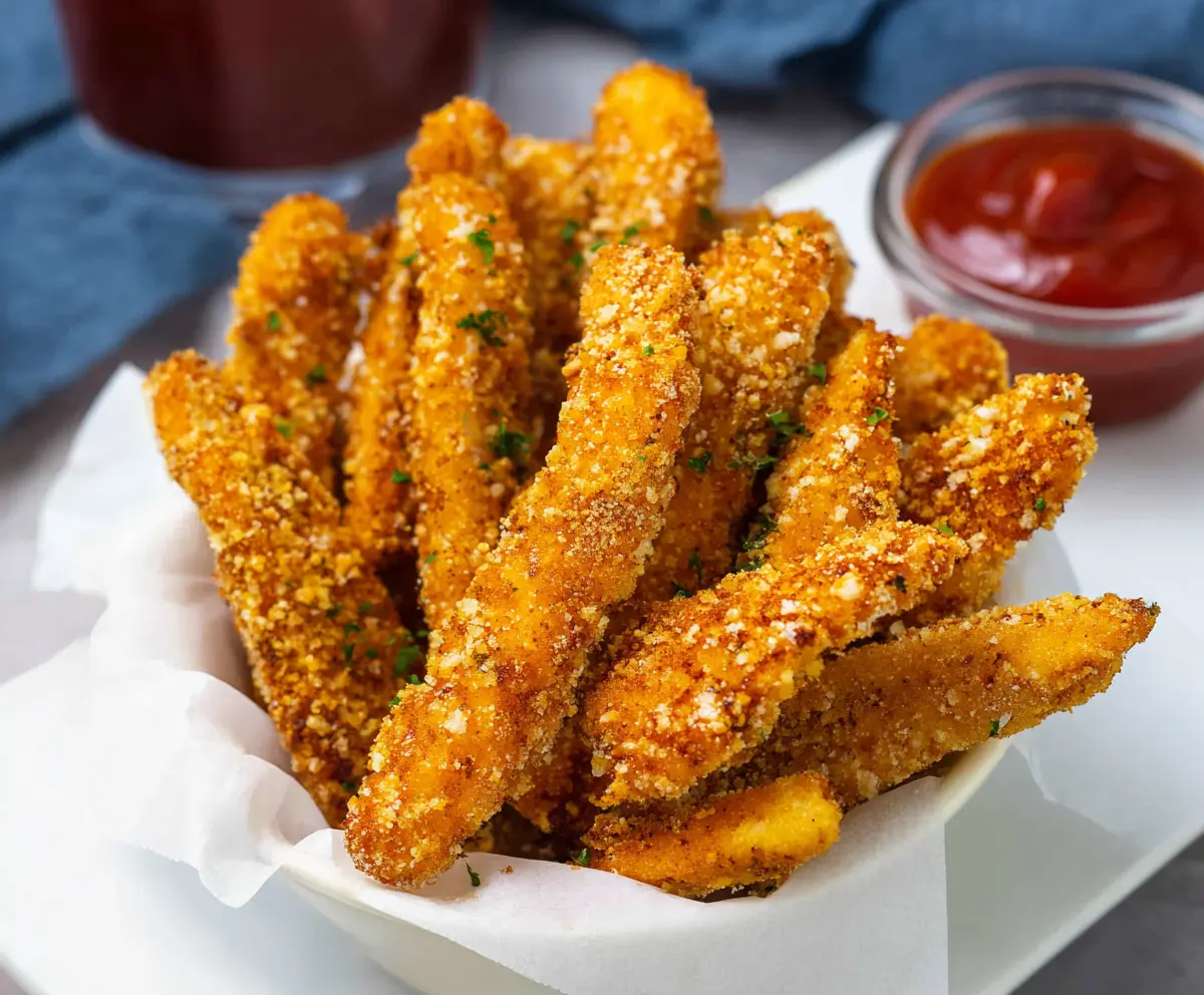 Golden and crispy chicken fries served with dipping sauce on a white plate.