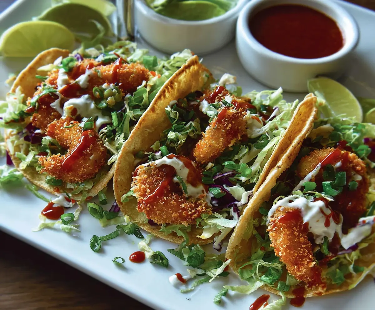 Delicious crispy coconut shrimp tacos garnished with fresh lime and herbs on a vibrant plate.