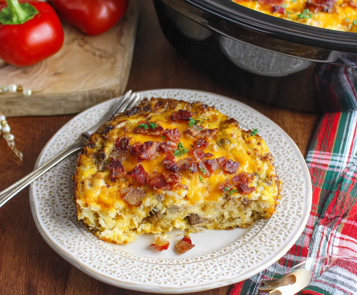Delicious Crockpot Christmas Breakfast Casserole with eggs, cheese, and breakfast sausage cooked in a slow cooker.