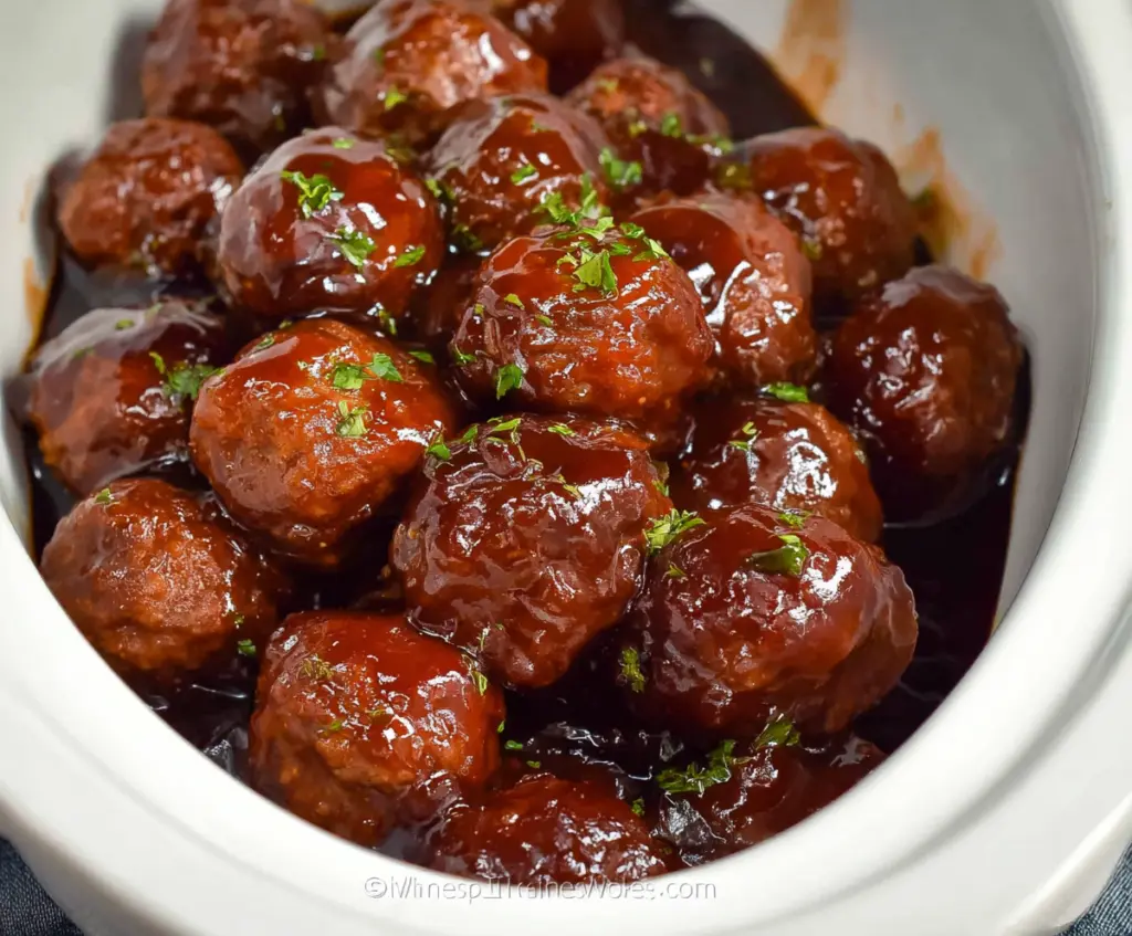 Delicious Crockpot Grape Jelly Meatballs on a plate, perfect for entertaining or a family dinner.