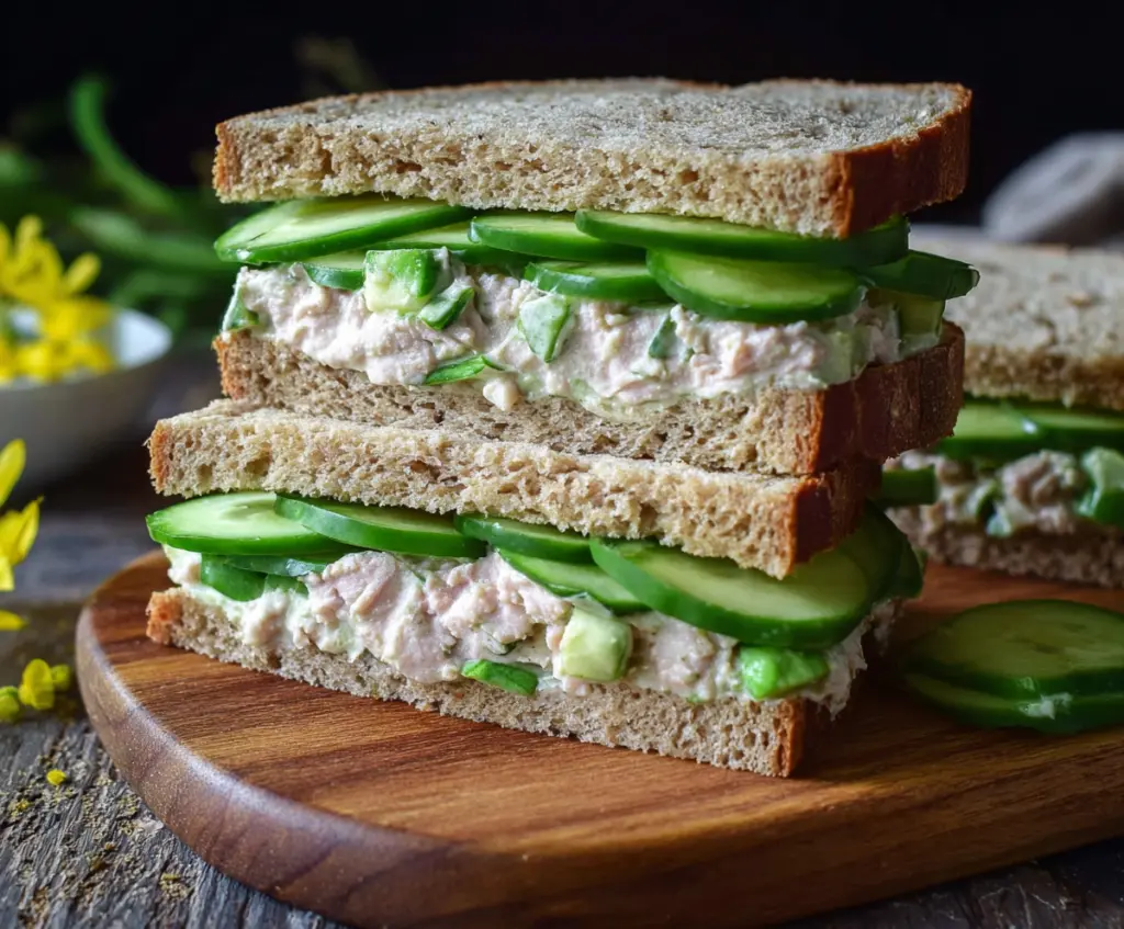 Delicious cucumber tuna sandwich with fresh ingredients on whole grain bread.