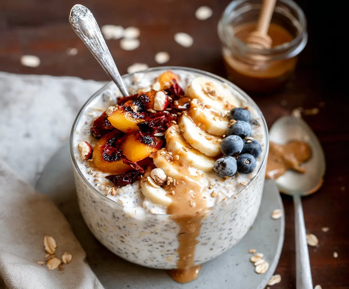 Delicious Date and Tahini Overnight Oats in a glass jar for a healthy breakfast