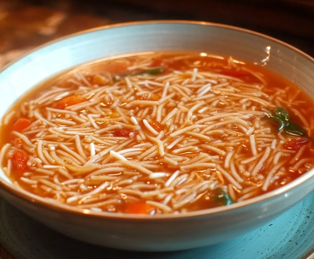 Warm Fideo pasta soup served in a bowl with fresh herbs and vegetables, perfect for a comforting meal.