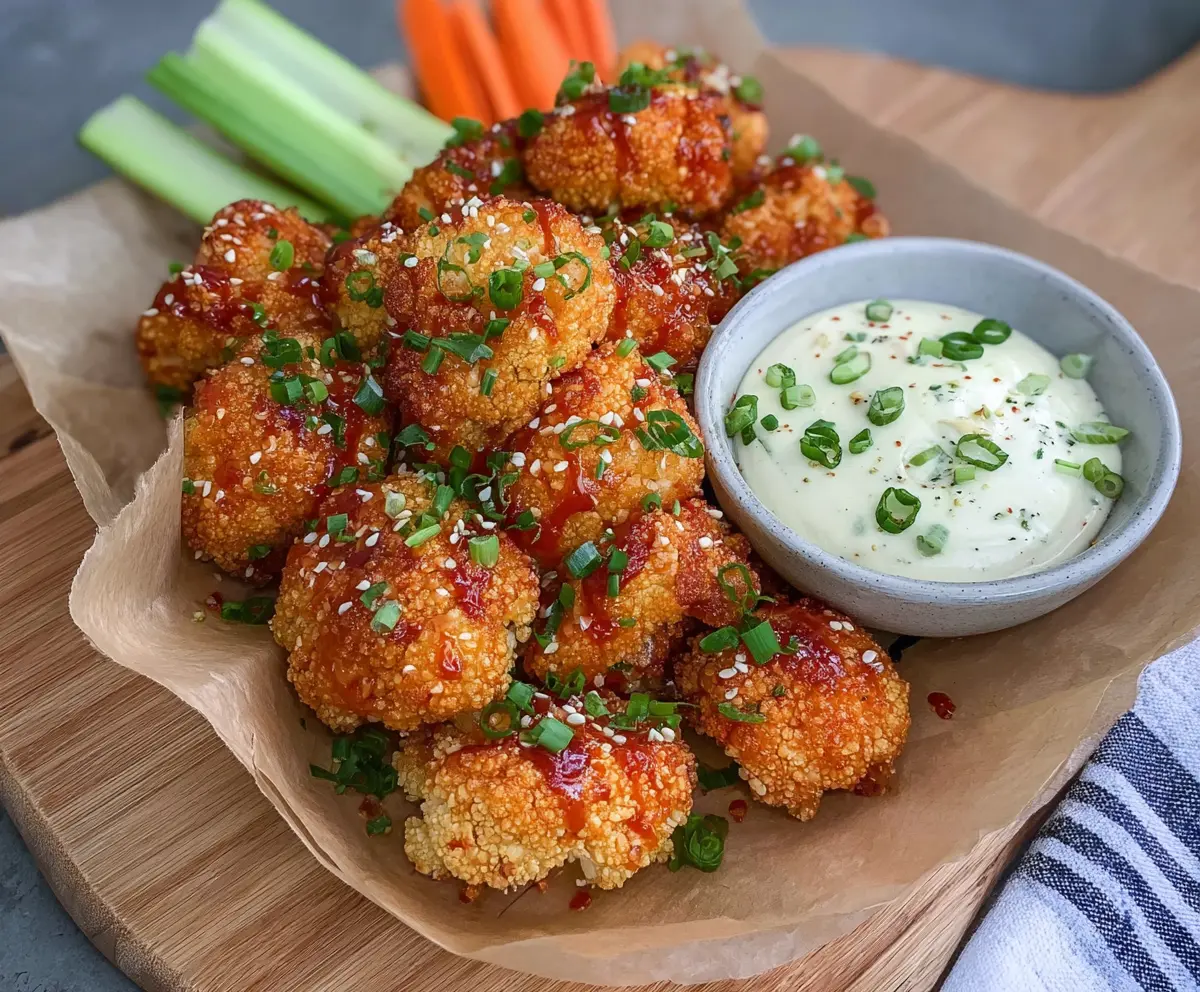 Spicy Firecracker Cauliflower Bites garnished with chopped green onions served on a white plate.