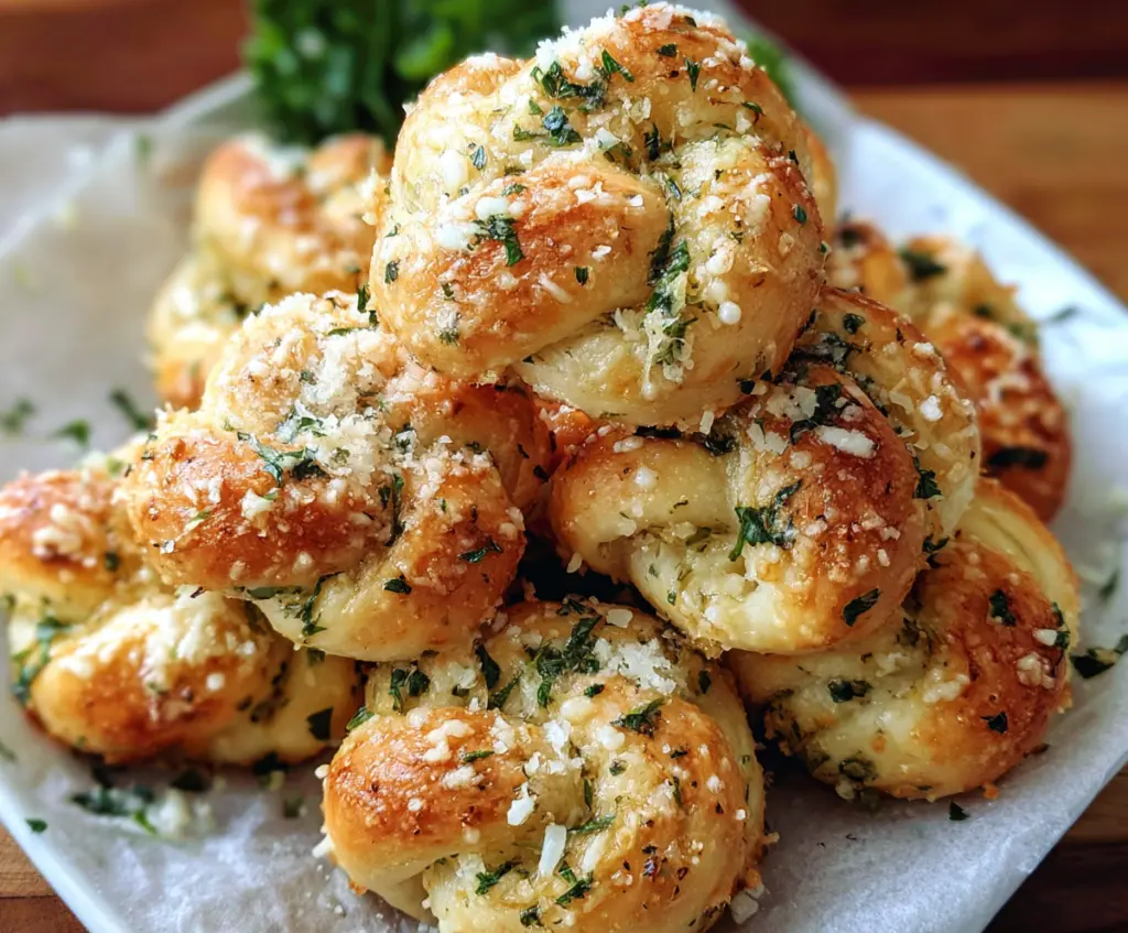 Golden garlic Parmesan knots served fresh, perfect as an appetizer or snack.
