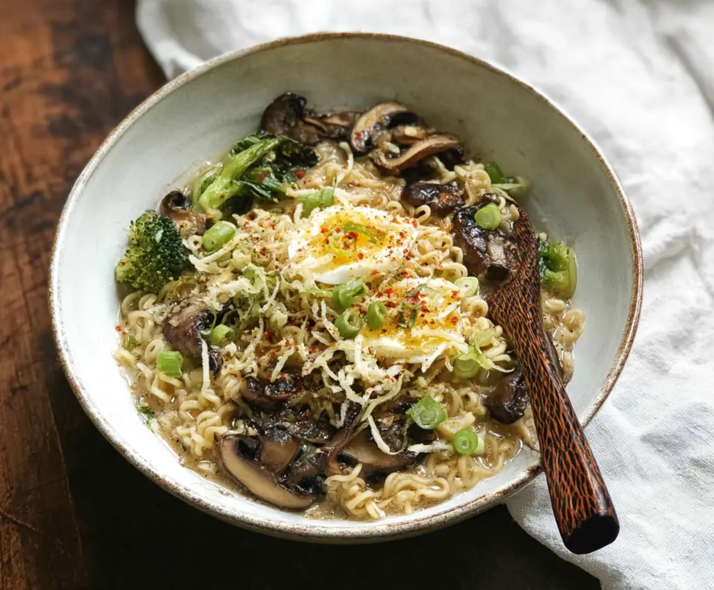 Delicious Garlic Parmesan Ramen bowl topped with fresh herbs and grated cheese