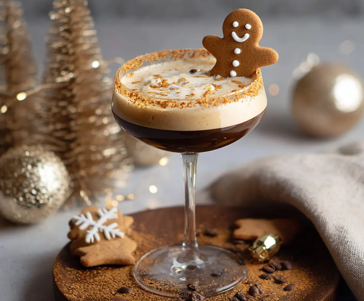Delicious Gingerbread Espresso Martini cocktail with whipped cream and cinnamon garnish on a festive table.