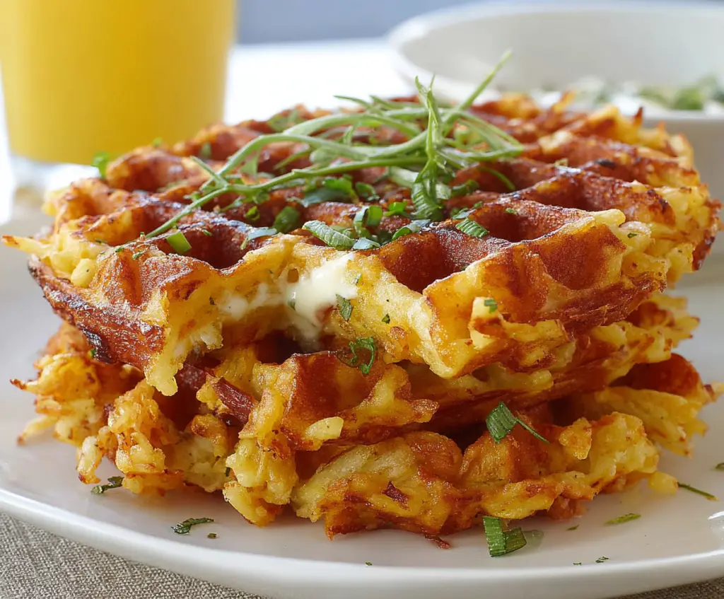 Crispy hash brown waffles served with a dollop of sour cream and fresh herbs on a white plate.