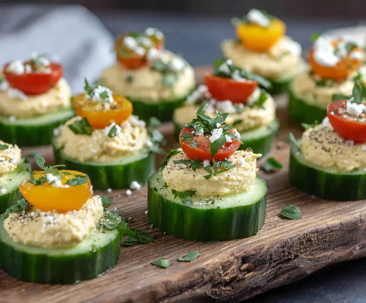 Plate of fresh hummus cucumber bites garnished with herbs, perfect for healthy snacks or appetizers.