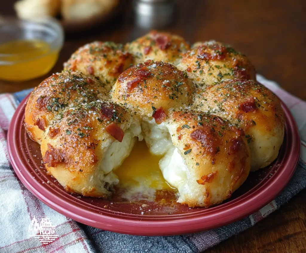 Delicious Italian Breakfast Bombs with cheese, ham, and herbs rolling on a rustic wooden table.