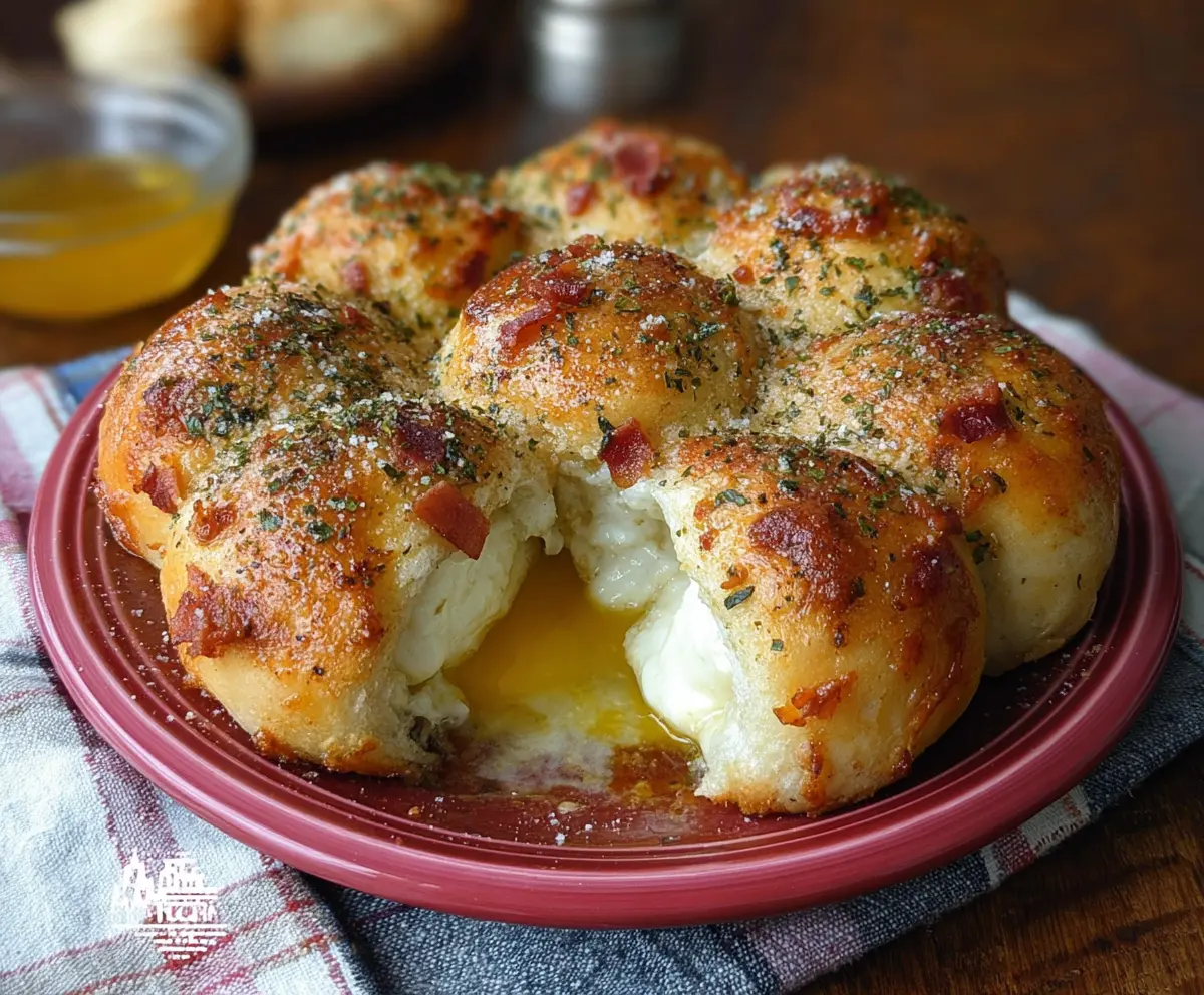 Delicious Italian Breakfast Bombs with cheese, ham, and herbs rolling on a rustic wooden table.