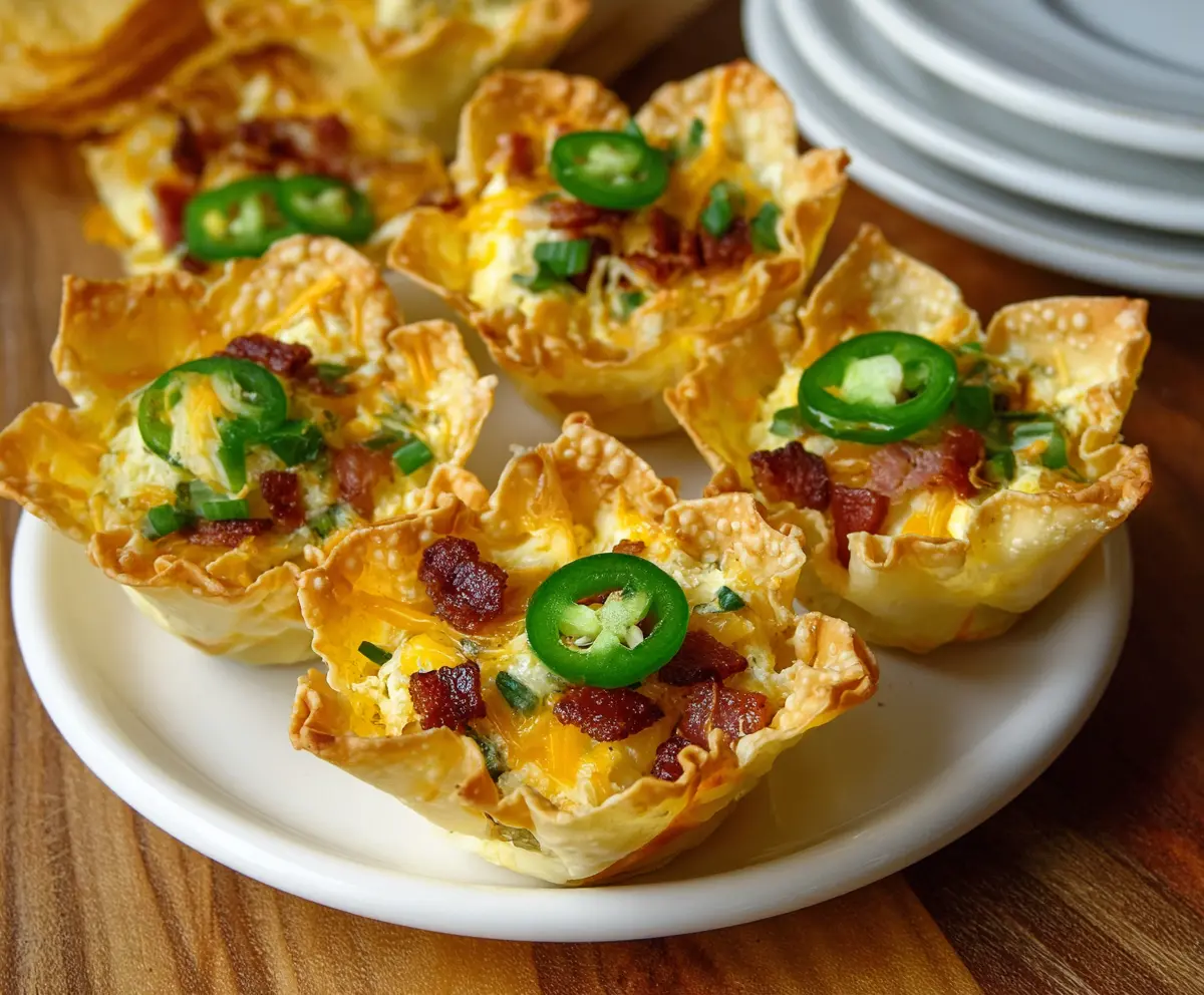 Delicious Jalapeno Popper Wonton Cups filled with cream cheese, jalapenos, and crispy wonton shells.