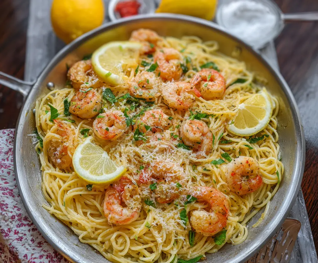 Delicious Lemon Garlic Parmesan Shrimp Pasta served in a white bowl, garnished with fresh parsley.