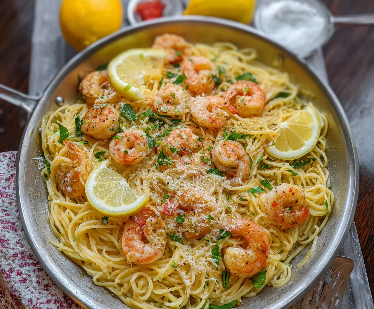 Delicious Lemon Garlic Parmesan Shrimp Pasta served in a white bowl, garnished with fresh parsley.