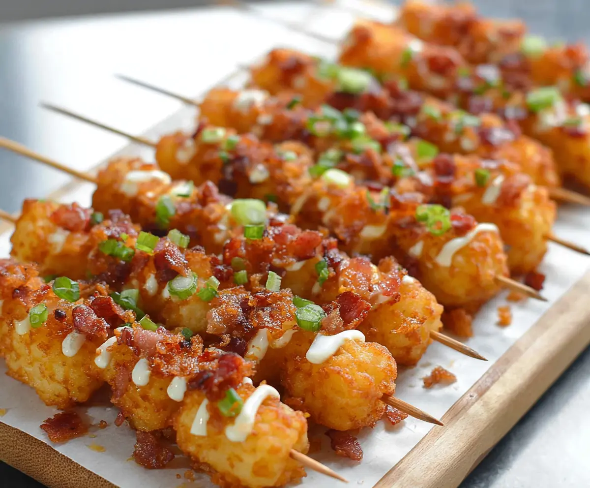 Loaded Tater Tot Skewers with cheese, bacon, and green onions ready to serve