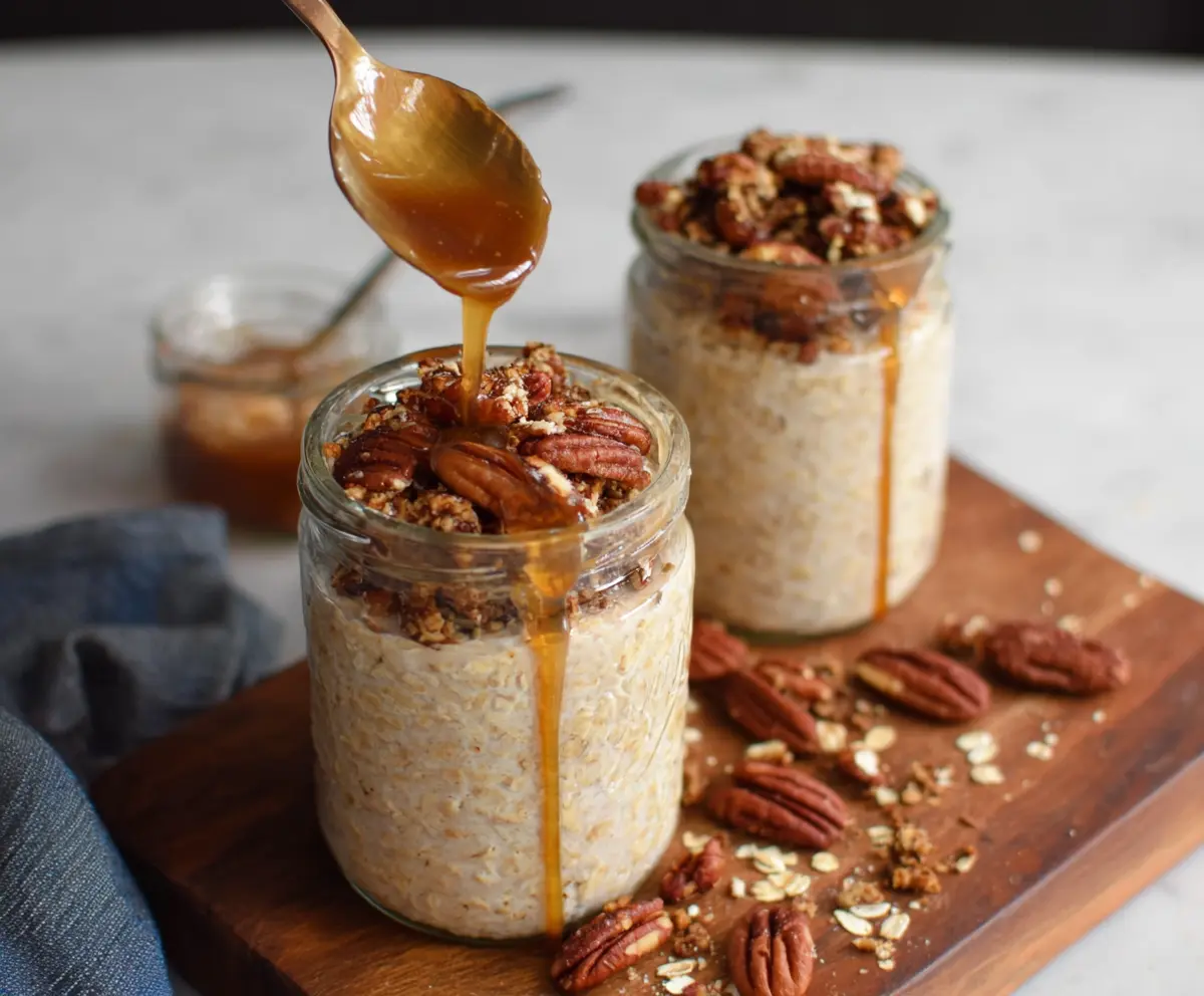 Creamy Maple Praline Overnight Oats topped with caramelized nuts and fresh berries.