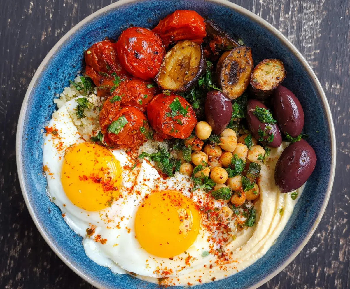 Colorful Mediterranean Breakfast Bowl with fresh vegetables, hummus, and boiled eggs on a wooden table.