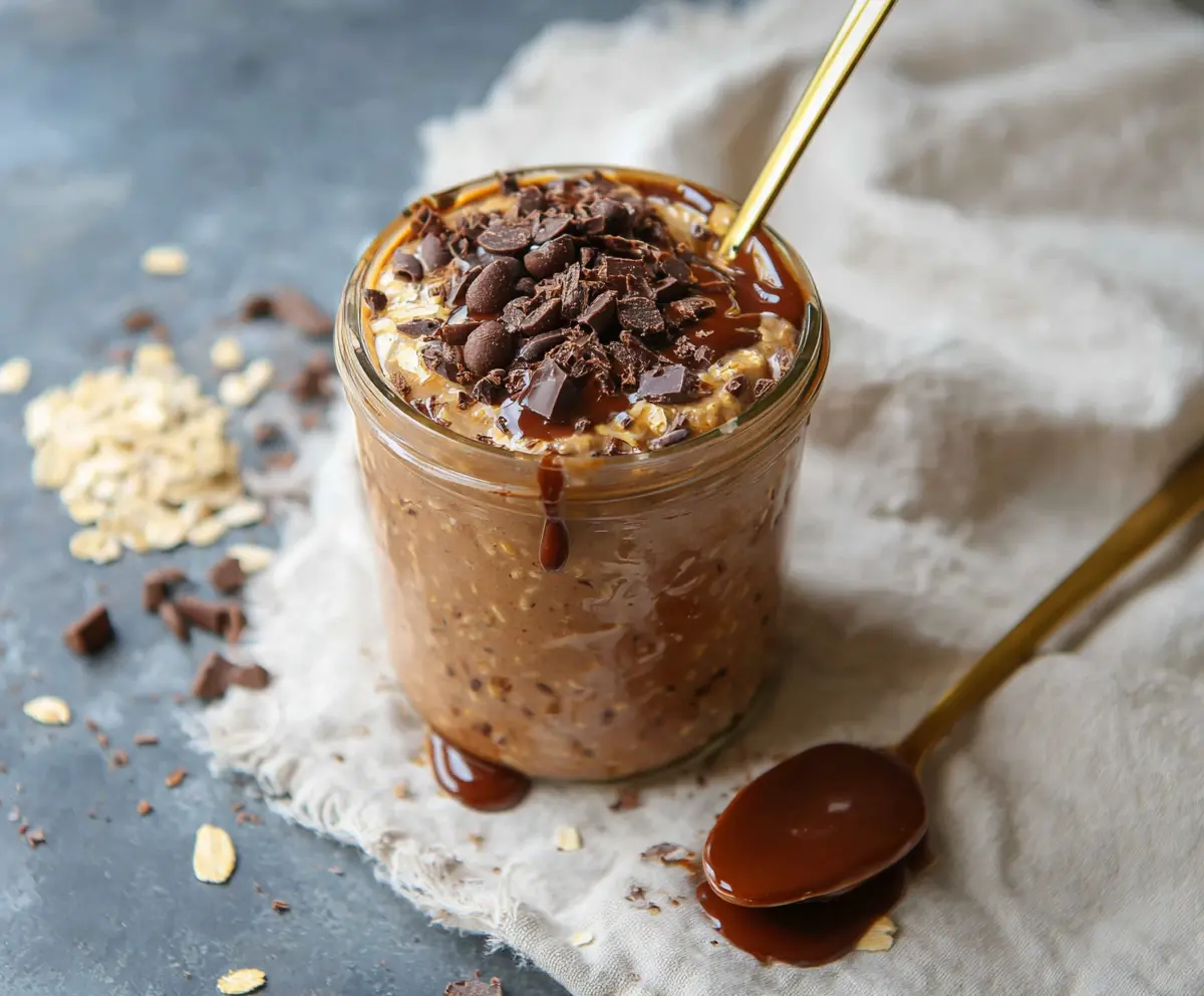 Delicious Mocha Overnight Oats topped with cocoa powder and fresh berries for a healthy breakfast.