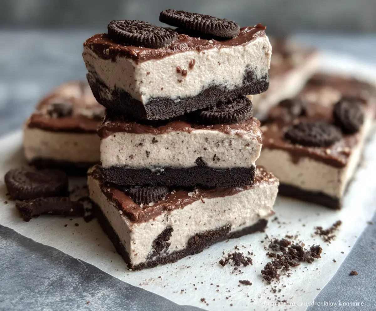 Delicious no bake Oreo protein bars on a white plate, showing chocolate and cookie layers perfect for a healthy snack
