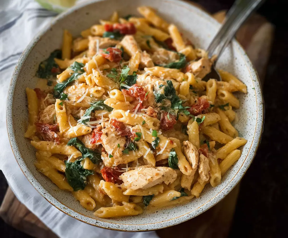 Creamy One Pot Tuscan Chicken Pasta with sun-dried tomatoes and spinach in a skillet