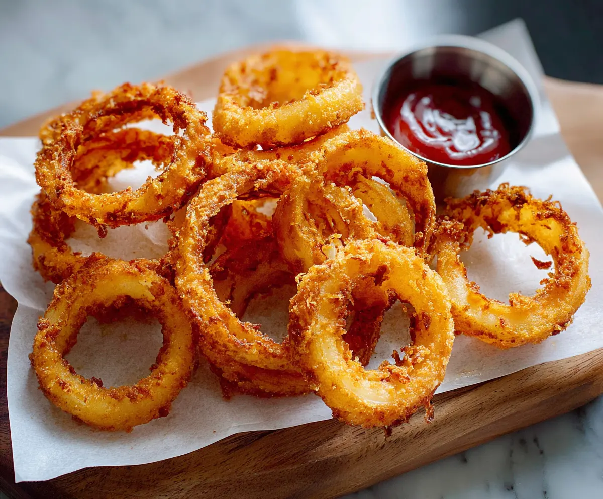 Crispy golden onion rings served with a side of dipping sauce on a wooden platter.