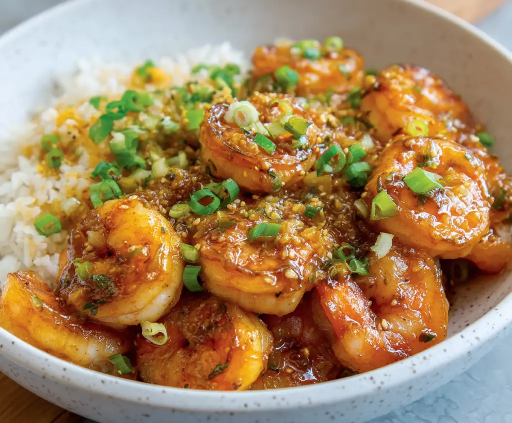 Juicy orange honey garlic shrimp served on a white plate with fresh herbs.