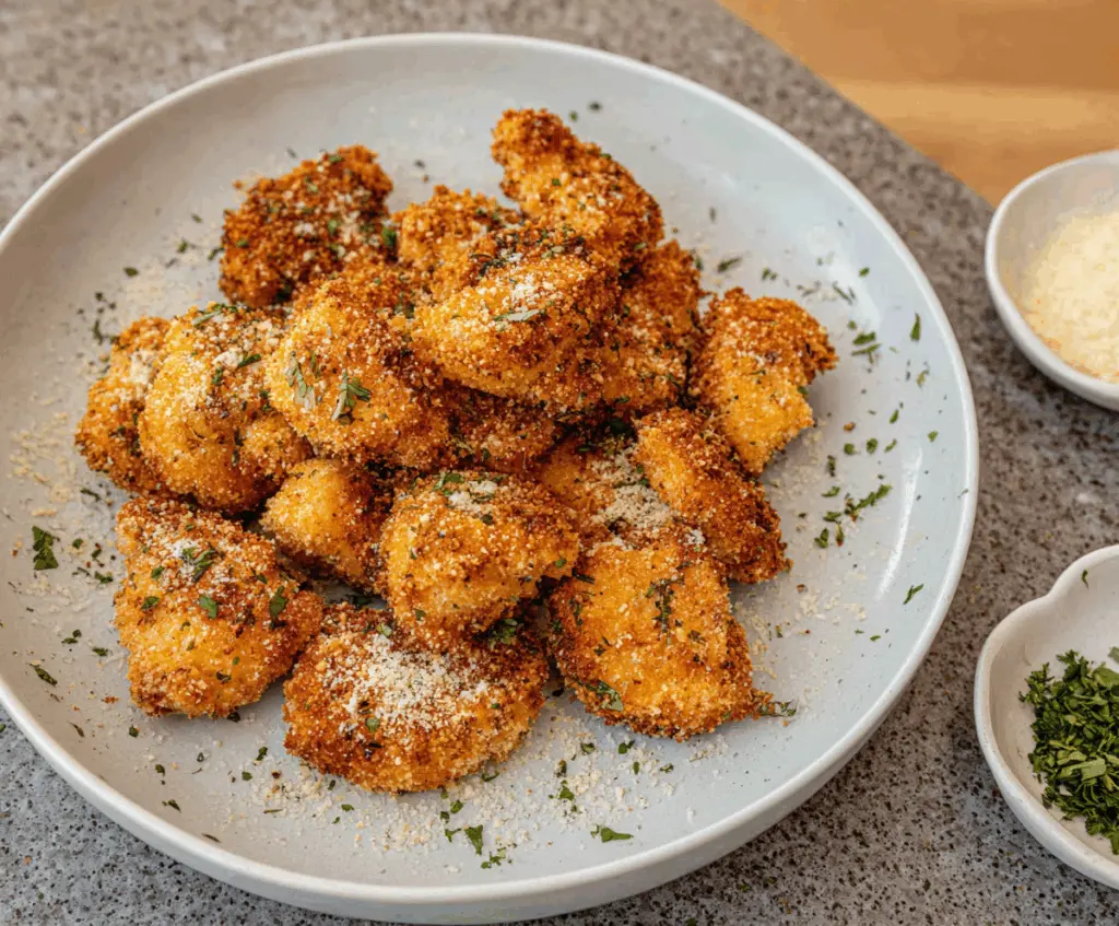 Golden Parmesan Herb Chicken Bites served on a white plate, garnished with fresh herbs, perfect for a tasty appetizer or snack.