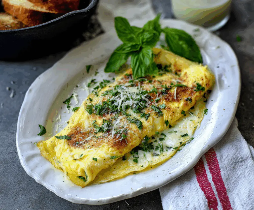 Delicious Parmesan Herb Omelet with fresh herbs and melted cheese on a breakfast plate