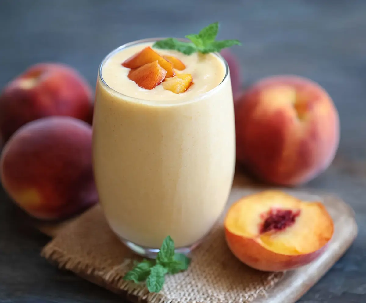 Refreshing peach protein smoothie in a glass with fresh peach slices and almond milk.