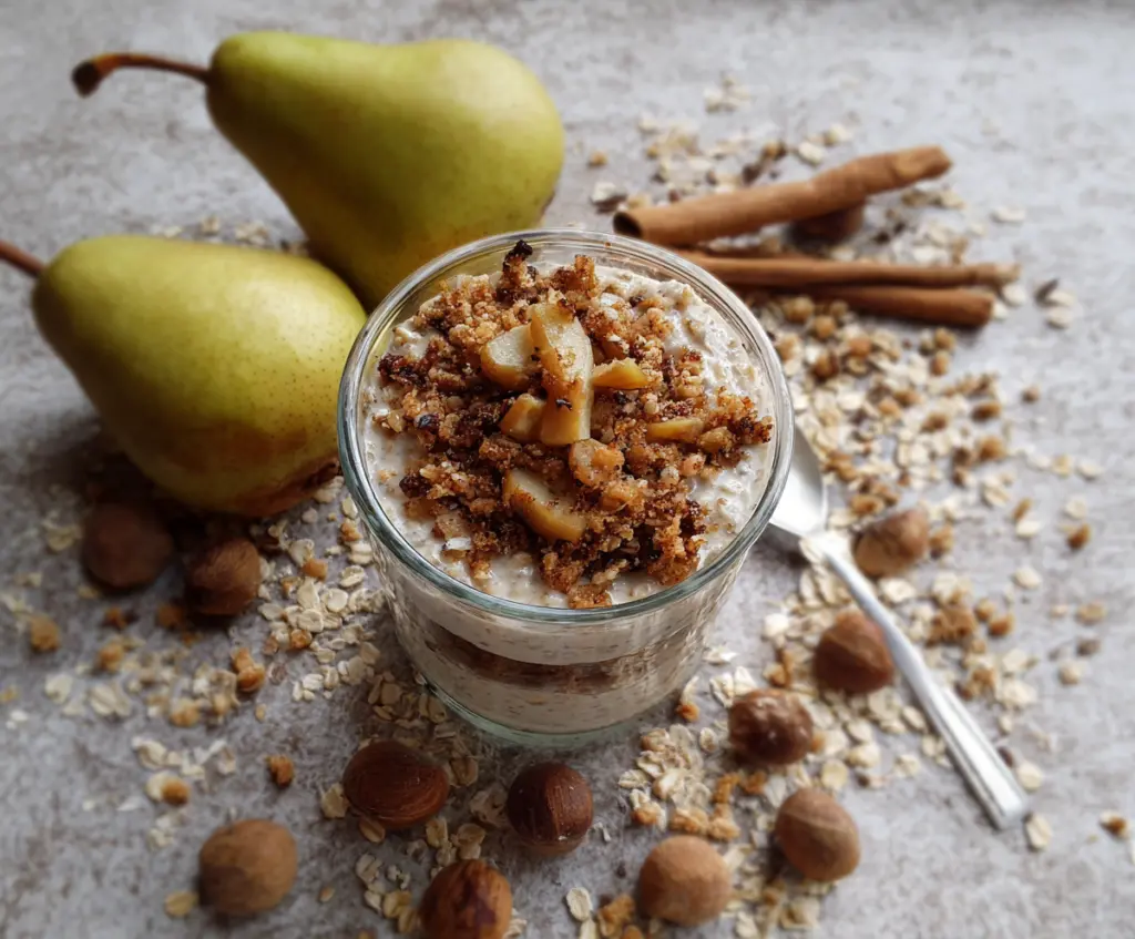 Delicious Pear Crumble Overnight Oats in a glass jar with fresh pears and oats.