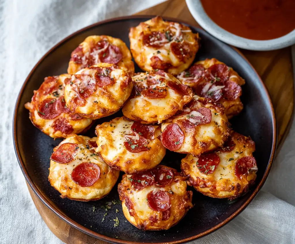 Delicious pepperoni pizza bites with gooey cheese and crispy crust, perfect for snacking or parties.