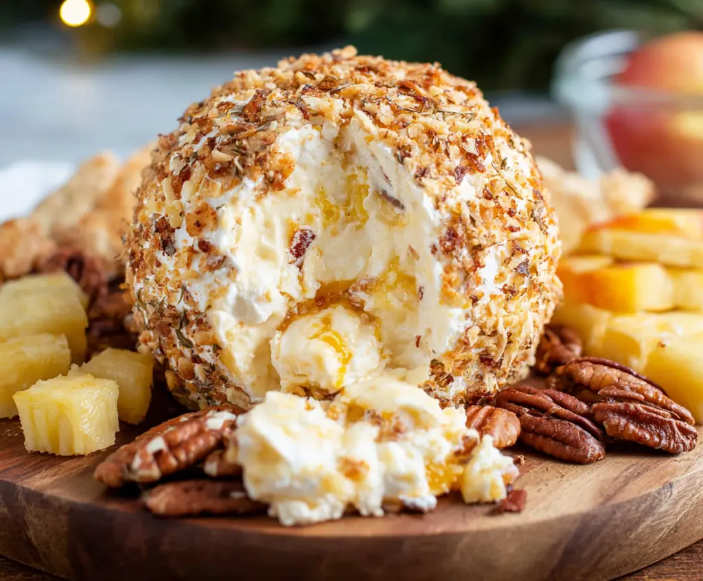 Delicious Pineapple Cheese Ball appetizer garnished with chopped herbs for a festive party presence.