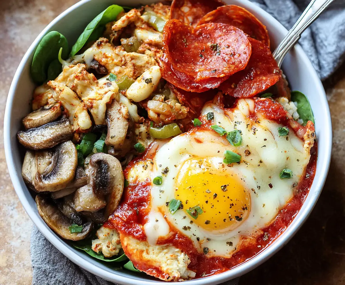 Delicious Pizza Protein Bowl loaded with fresh vegetables, melted cheese, and lean protein, perfect for a healthy meal.