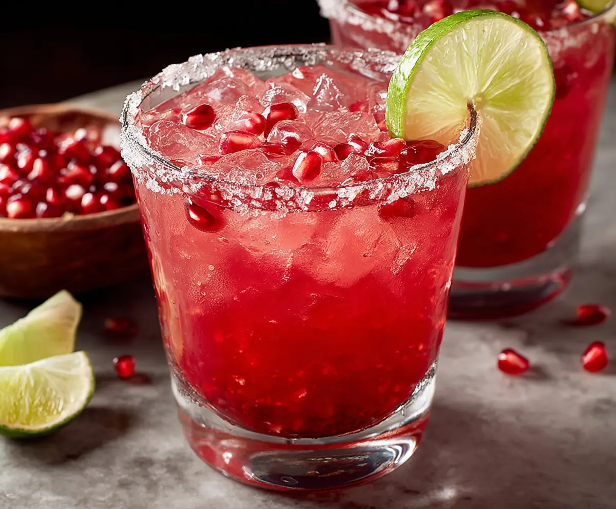 Refreshing Pomegranate Margarita in a glass with a lime wedge and pomegranate seeds, perfect for summer parties.