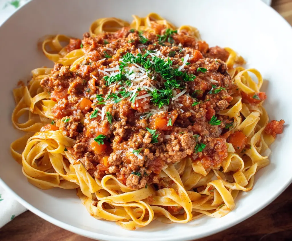 Delicious Pork Bolognese Pasta served with fresh herbs and grated cheese.