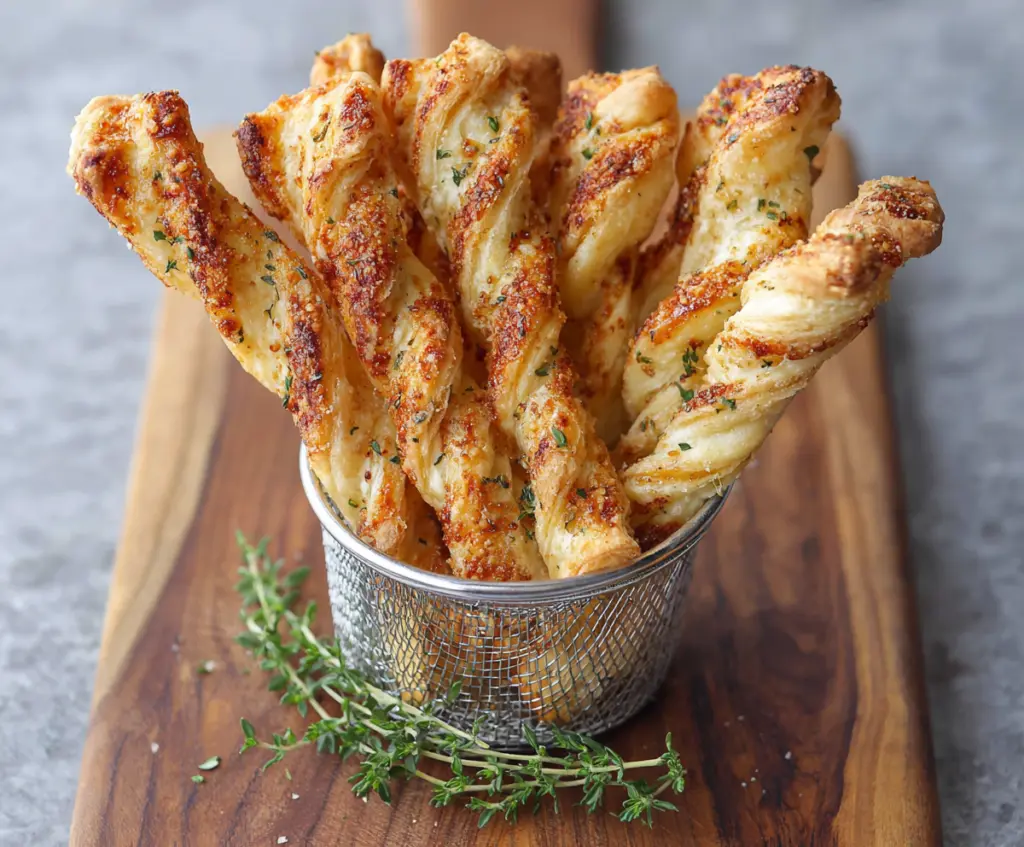 Golden Puff Pastry Parmesan Twists with melted cheese and crispy texture, perfect for appetizer or snack.