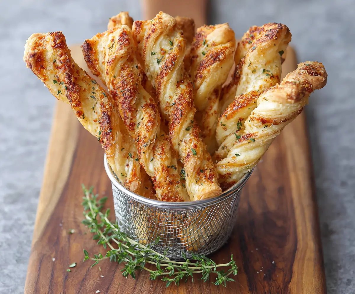 Golden Puff Pastry Parmesan Twists with melted cheese and crispy texture, perfect for appetizer or snack.