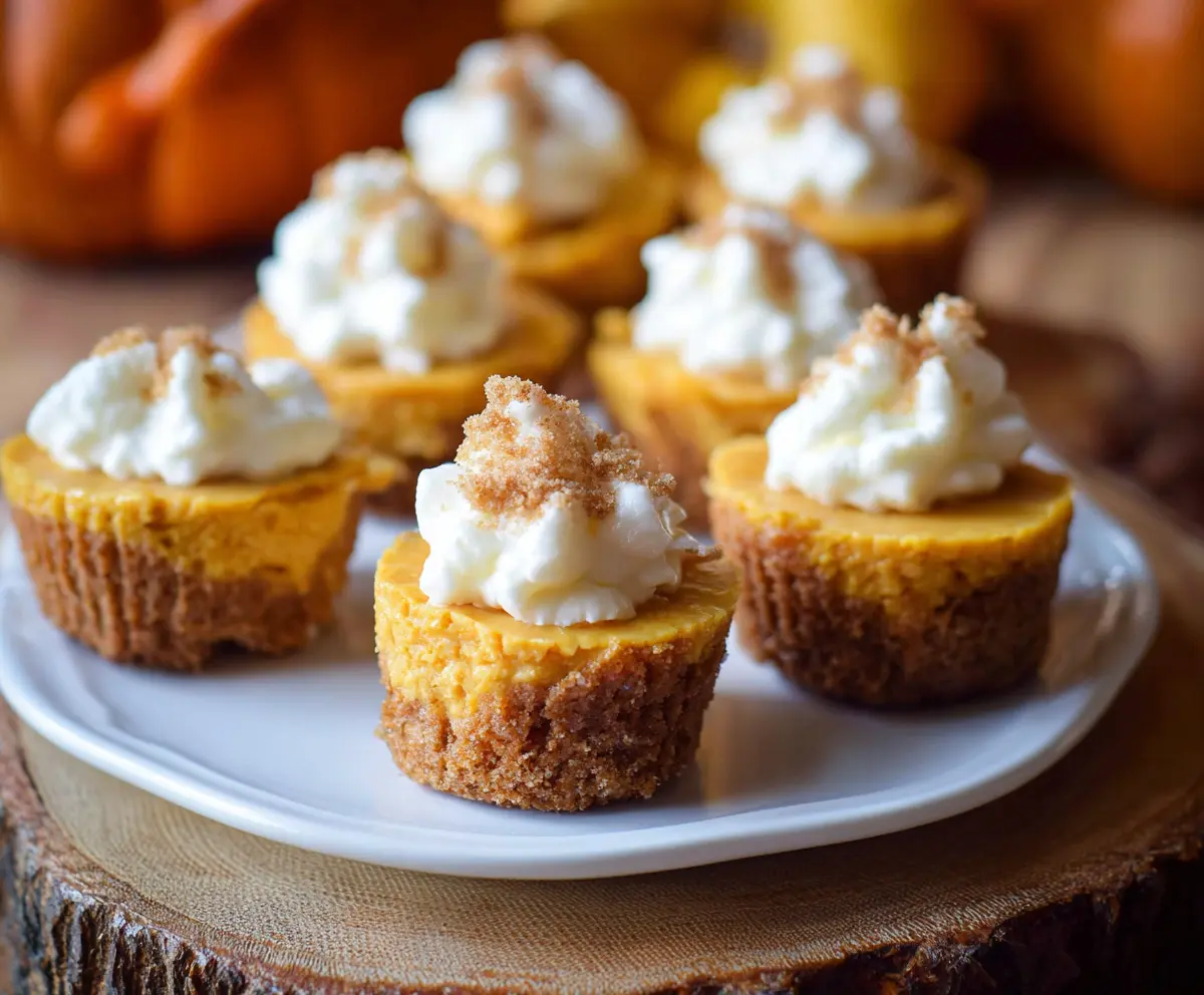 Delicious pumpkin cheesecake bites topped with whipped cream for a perfect fall dessert.