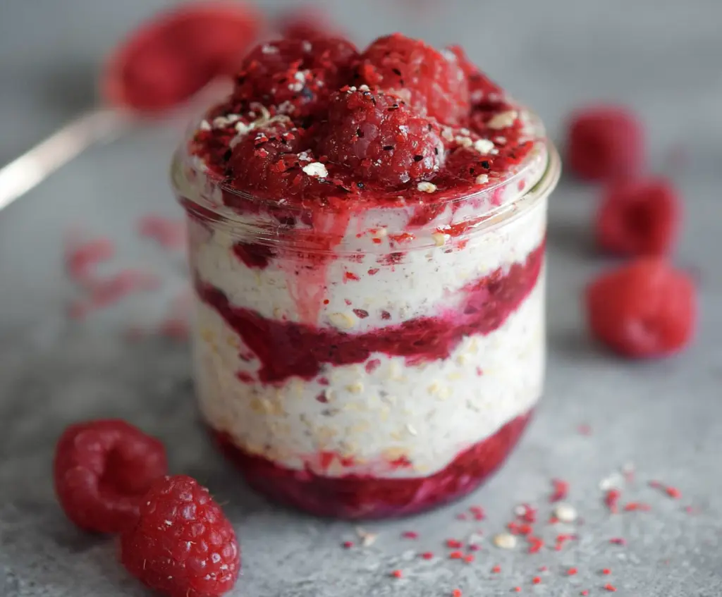 Delicious Raspberry Cheesecake Overnight Oats in a glass jar, topped with fresh raspberries and a sprig of mint.