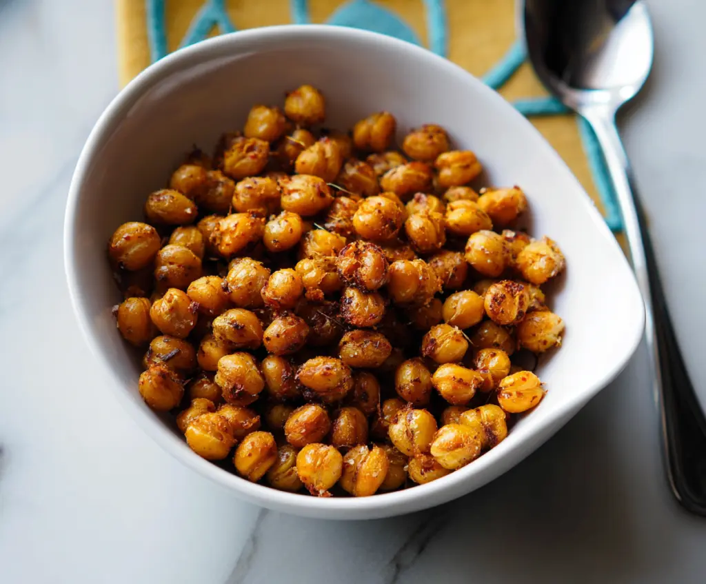 Crispy roasted chickpeas seasoned with spices for a healthy snack.