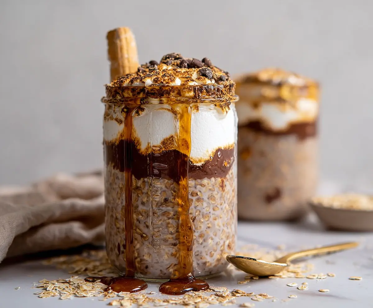 Delicious S’mores Overnight Oats topped with marshmallows and chocolate for a sweet breakfast treat.