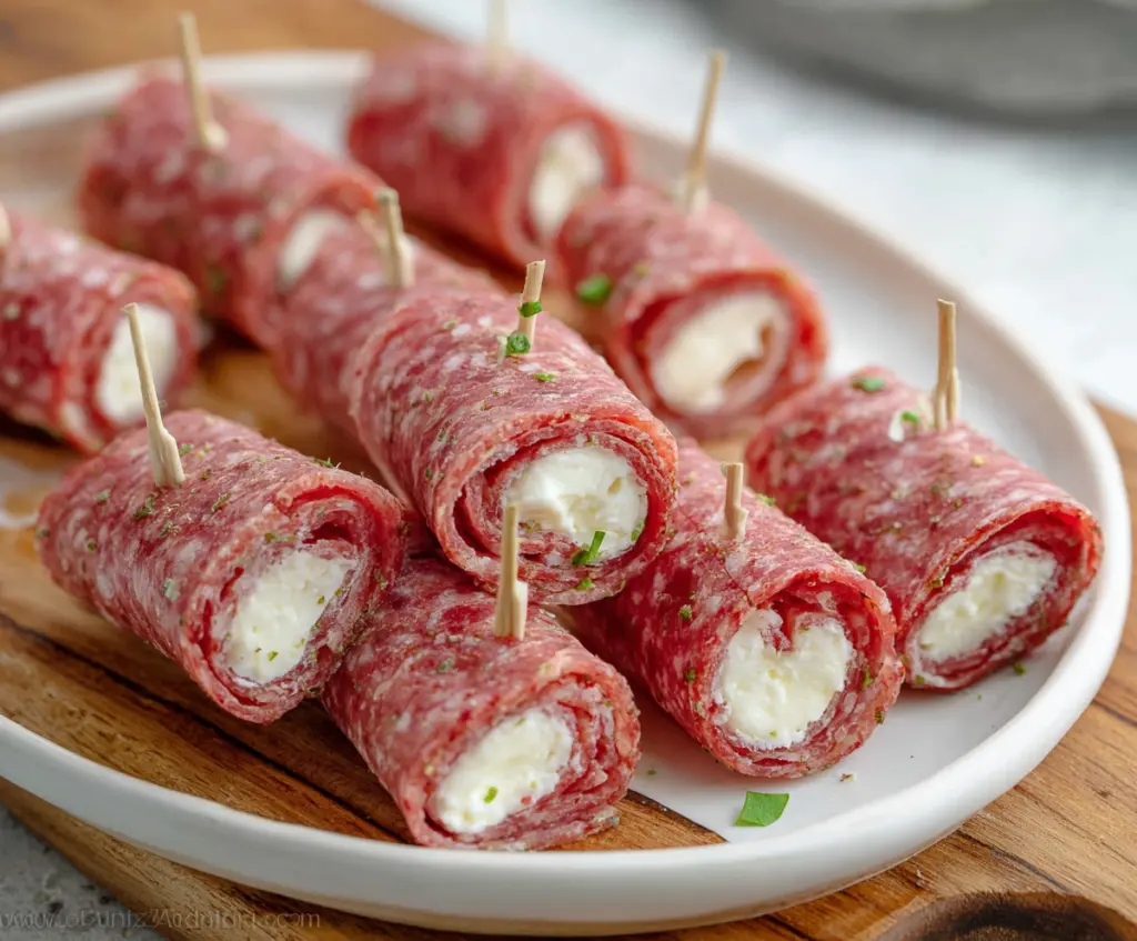 Delicious Salami and Cream Cheese Roll Ups served as a savory appetizer.
