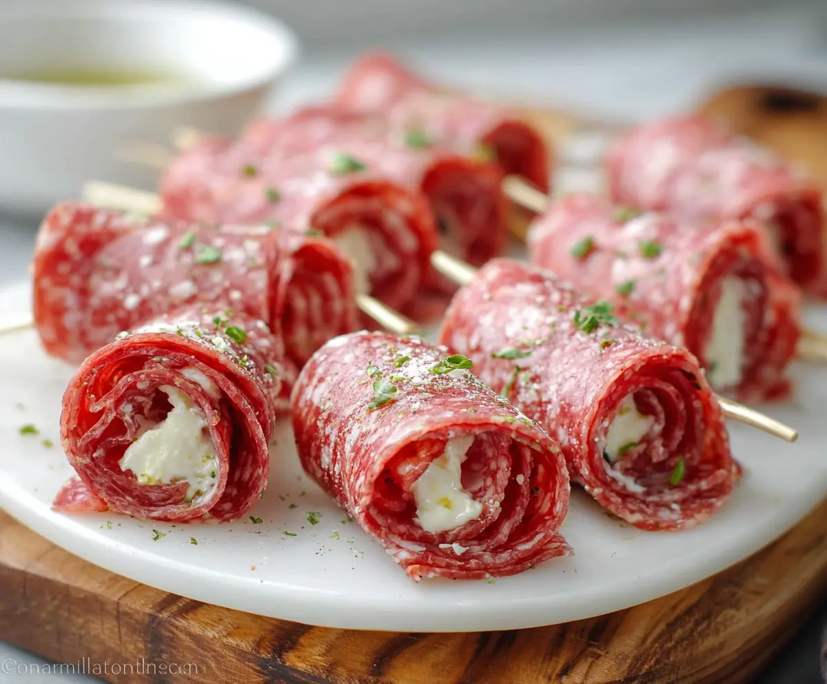 Delicious salami roll ups filled with cheese and herbs, served as a savory appetizer.