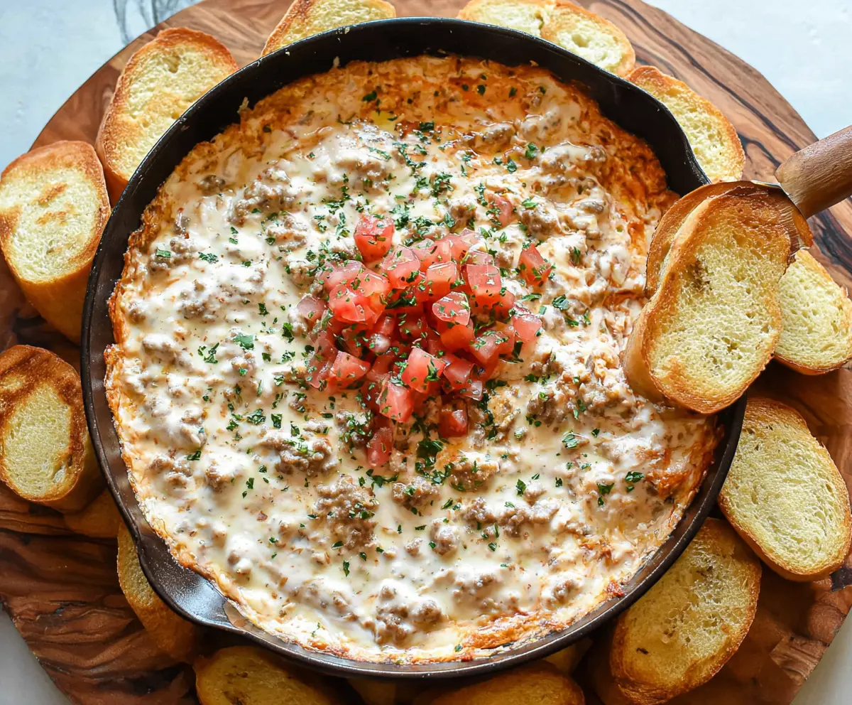 Delicious sausage cream cheese dip served with crunchy chips, perfect for appetizers and parties.